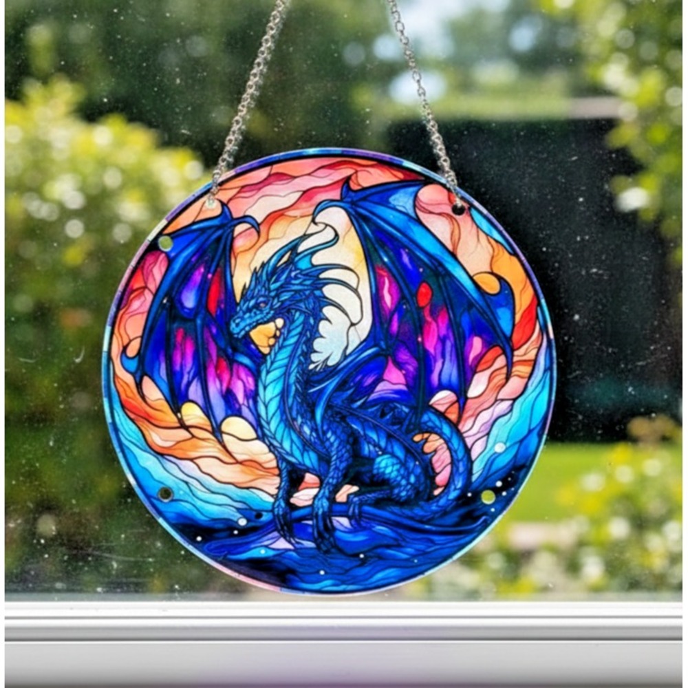 Blue‎ Purple Dragon Suncatcher Stained Glass Style Window Hanging Fantasy